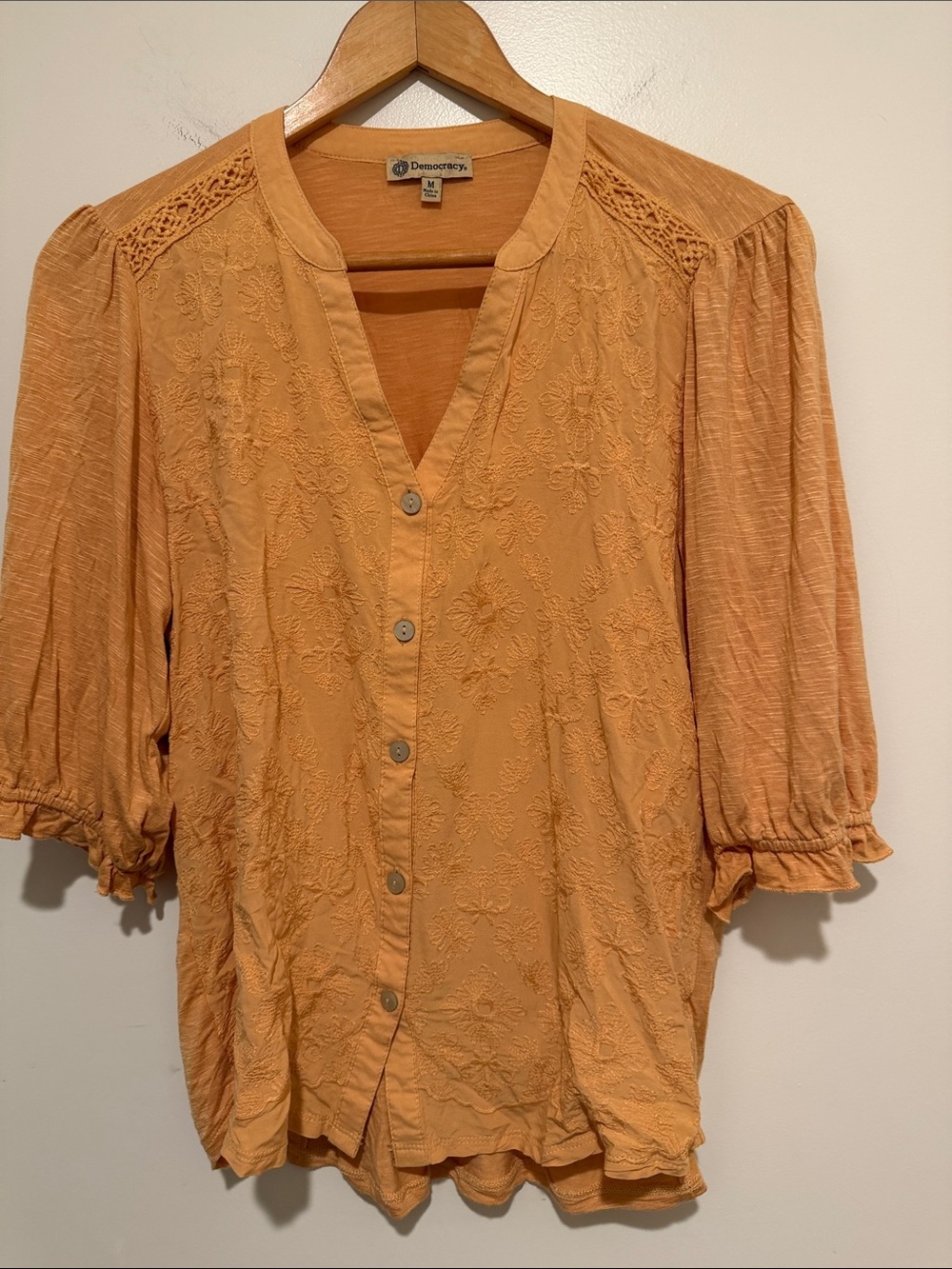 Democracy Mustard Embroidered Button-Front Peasant Blouse
